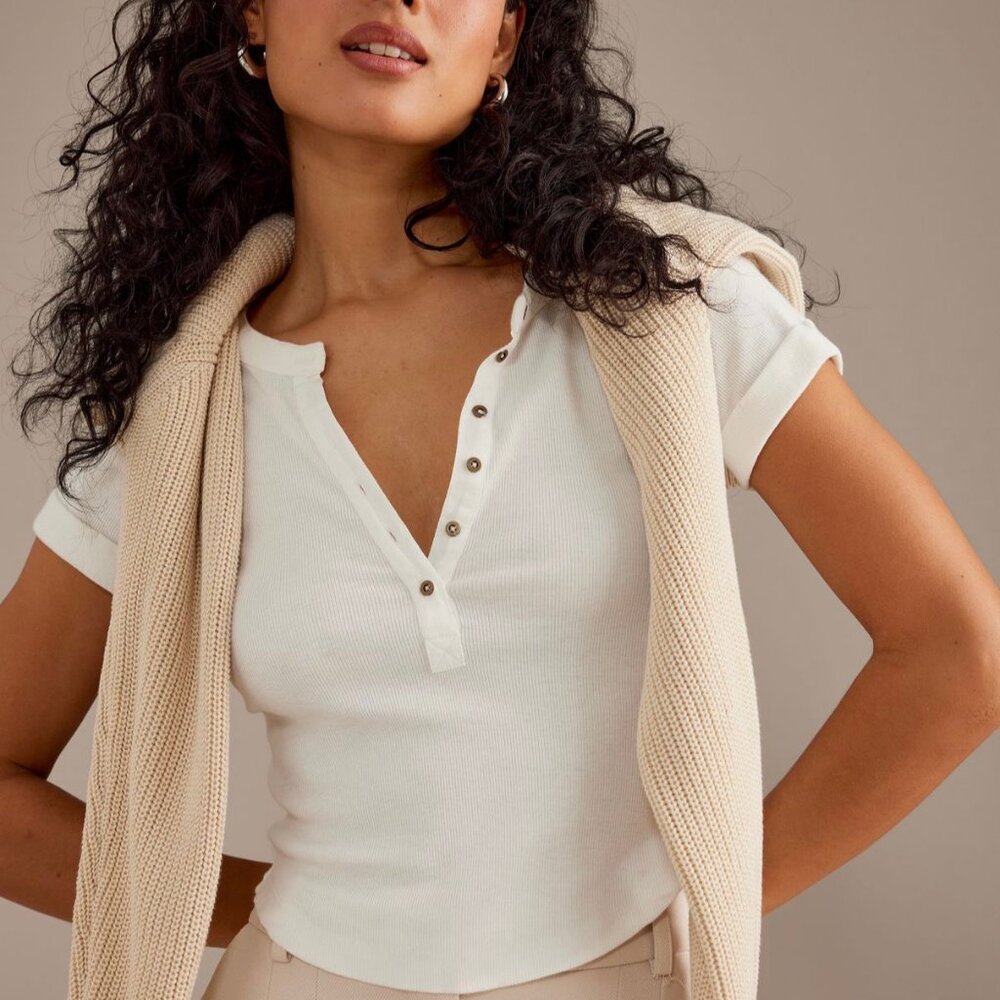 Anthropologie The Andie Ribbed Henley Top by Pilcro